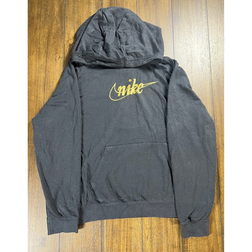 Nike Mens XXL Black Hoodie Gold Script Logo Pullover Fleece Sweatshirt